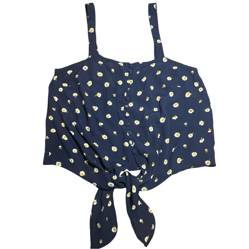 Madewell Button-Front Tie Tank in Blue with Daisy Dots Tank Top